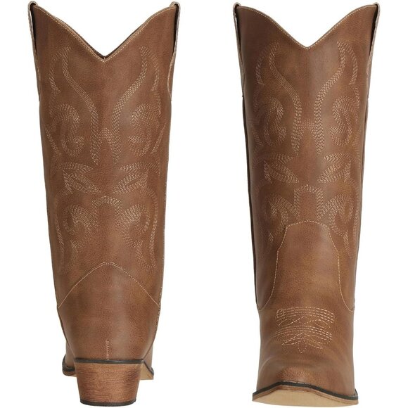 Women's Cowboy Brown Boots Wide Calf Cowgirl Western Fashion Snip Toe Boots - Picture 2 of 7